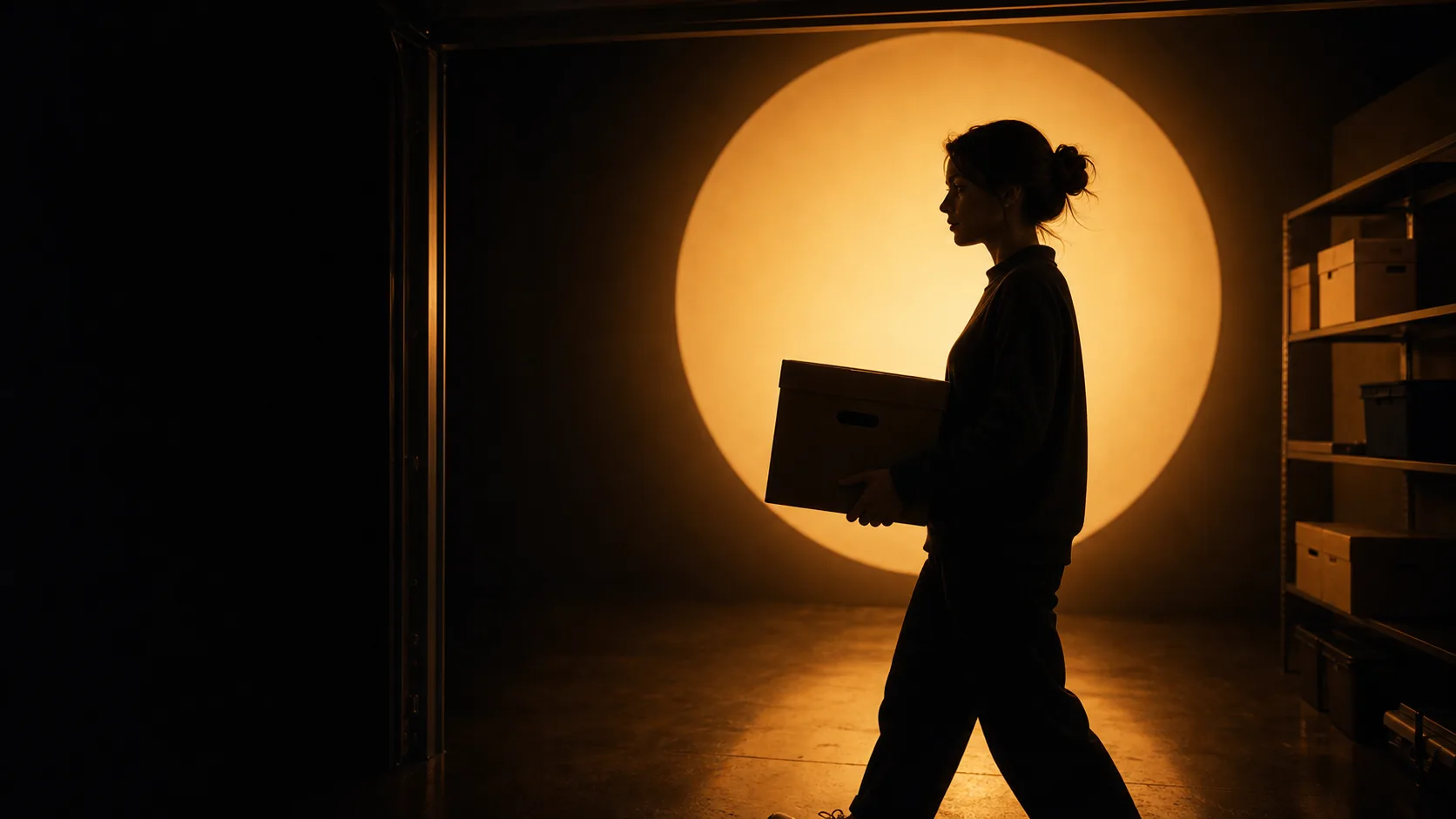 A person carrying a storage box through a garage lit by a single warm worklight